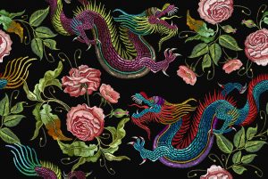 Chinese embroidery dragon peonies