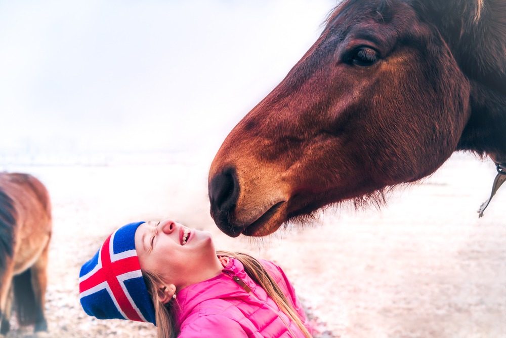 girl and horse laughing